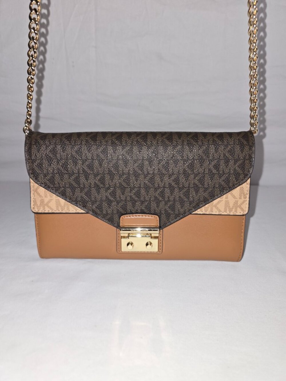 Michael Kors Sloan Medium Brown MK Logo And Leather Chain Link Crossbody Wallet - Picture 1 of 13